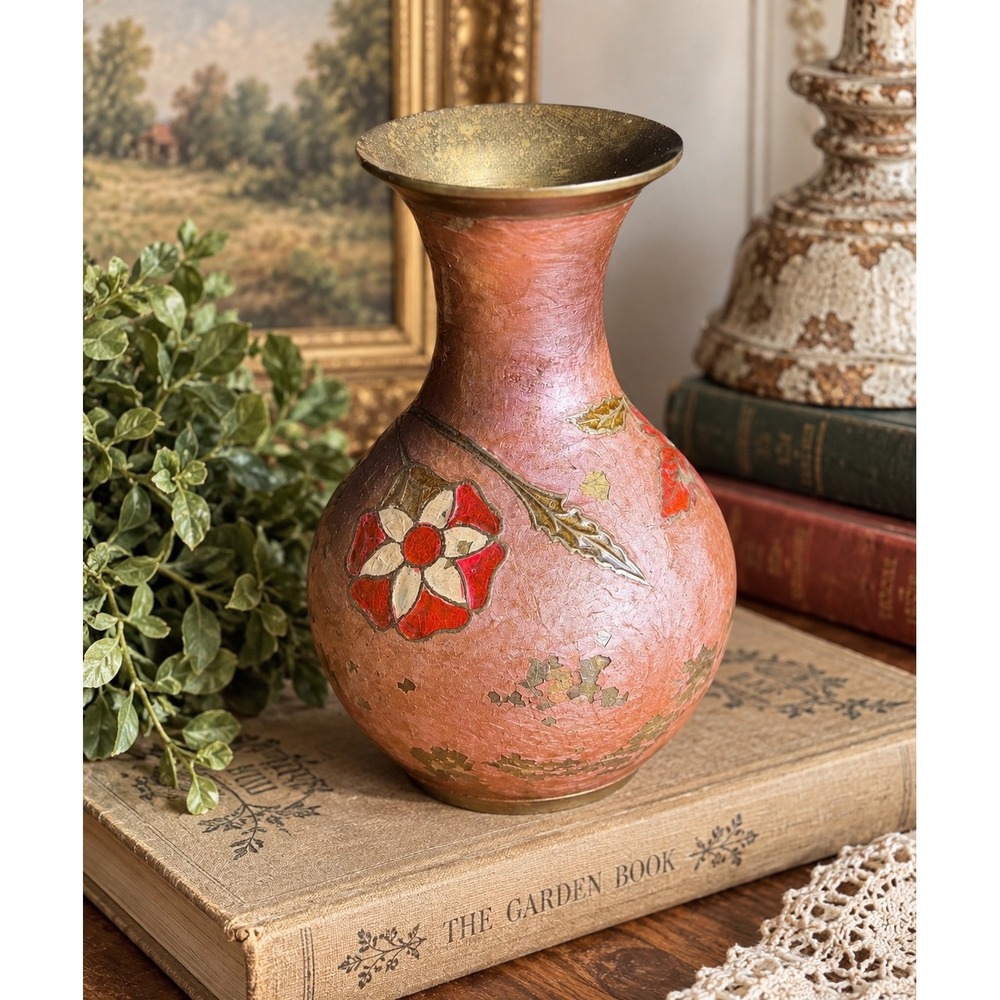 Vintage Brass Enamel Floral Vase Pink Cloisonné Style Middle Eastern Decor 6"